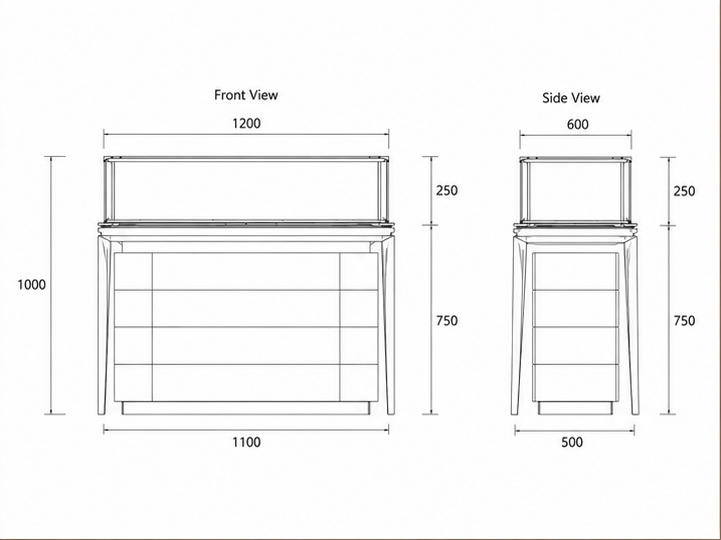 CAD layout gold frame jewelry vitrine drawer base retail booth rectangle glass top case under cabinet light unit luxury gem display cabinet dimension drawing