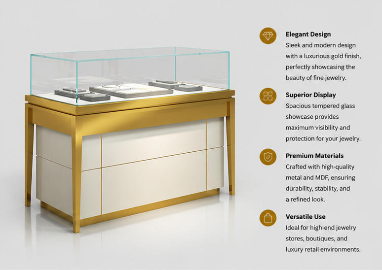 45 Degree Full Render of Full Gold Surrounding Frame Segmented Drawer Base Jewelry Horizontal Display Counter