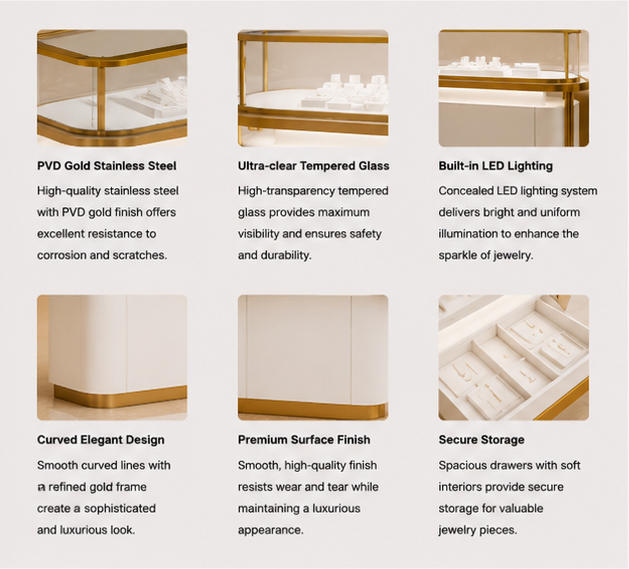 Material craft close-up of polished gold stainless steel frame, curved transparent glass, matte white solid curved cabinet panel