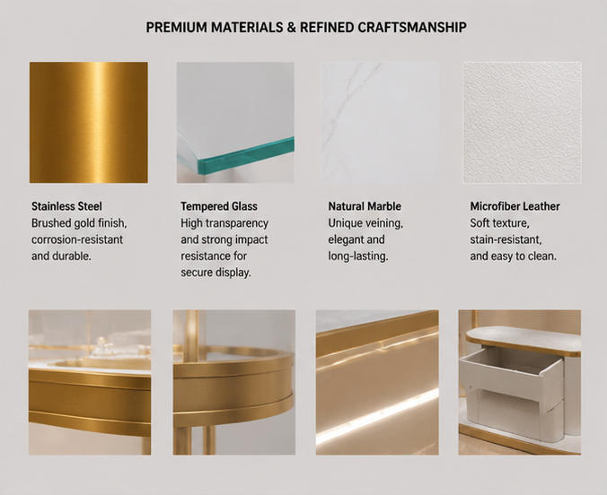 Close-up gold frame curved glass drawer panel
