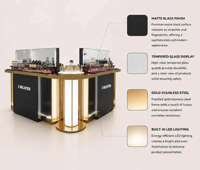 Close-up brushed gold trim, back LED glass shelf and central cylindrical light pedestal for makeup island
