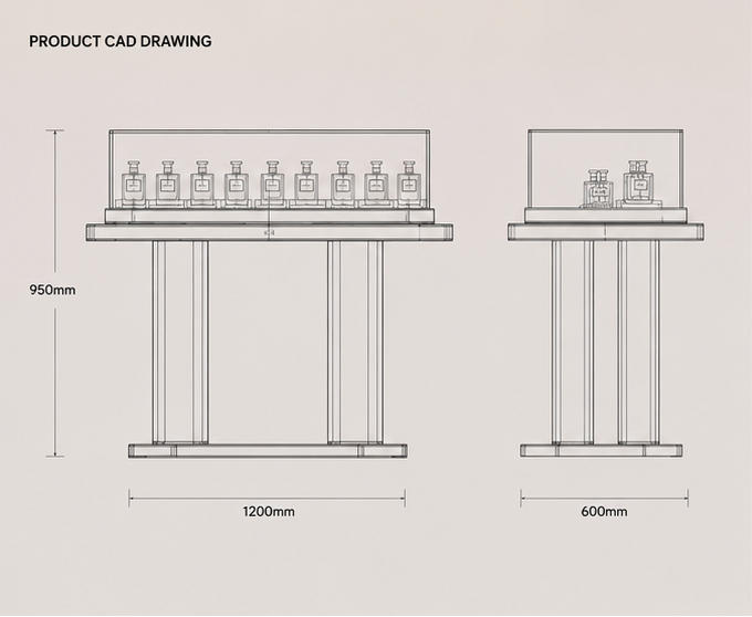 CAD drawing two round gold leg perfume island glass top enclosed scent vitrine