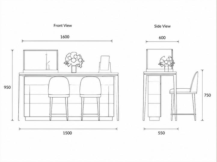 CAD layout gold consultation counter built-in side cabinet match gold stool set tabletop mini vitrine jewelry client booth dimension drawing