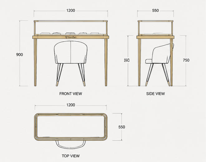 Jewelry Slim Gold Leg Single Glass Consultation Display Table CAD Drawing