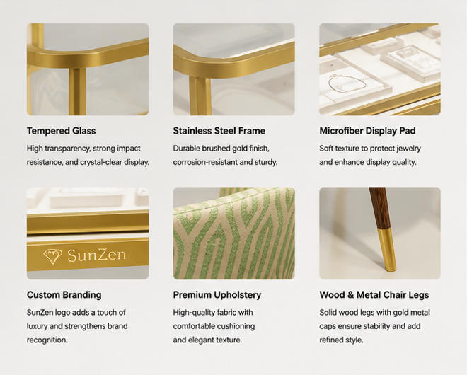 Material & Craft Close-up of Ultra Slim Golden Metal Leg Rounded Gold Frame Glass Jewelry Consultation Table and Green Stripe Fabric Matching Chair Set