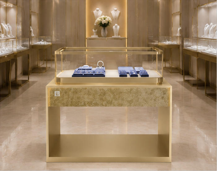 Hollow frame golden marble ring set display stand placed inside high-end light luxury jewelry boutique