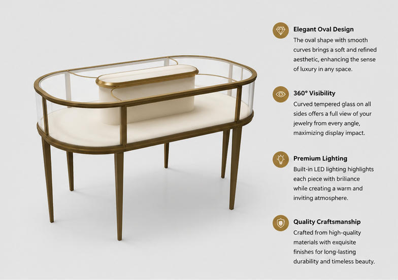 45 Degree Full Render of Full Gold Frame Six Slender Leg Oval Jewelry Display Table