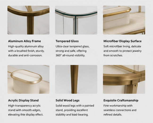 Material & Craft Close-up of Full Gold Frame Six Slender Leg Oval Jewelry Display Table