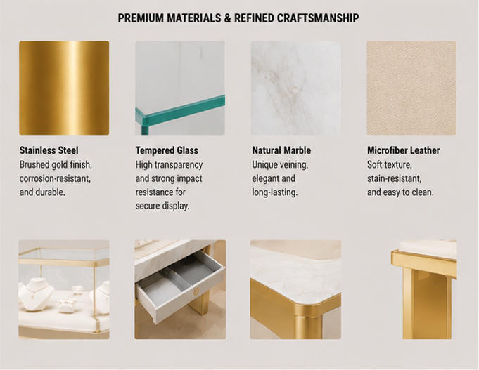 Close-up of matte flat gold plinth, natural marble decorative band and polished gold glass frame edge