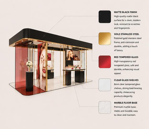 Close-up brushed gold metal frame, tint red translucent panel and embedded ceiling LED for cosmetic booth