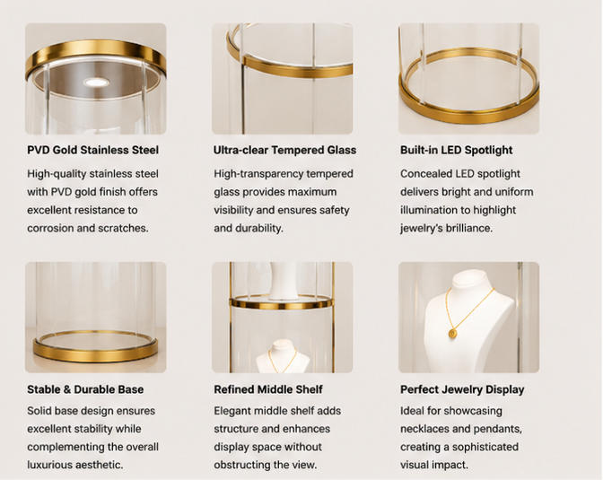 Material craft close-up of polished gold stainless steel circular frame, seamless vertical cylindrical tempered glass, matte white bust base