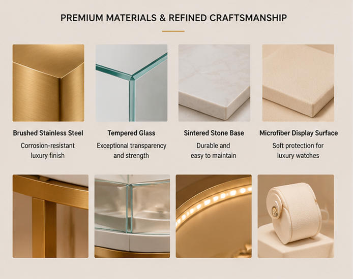 Close-up polished round gold ring leg frame, curved circular glass edge and rotary velvet tray
