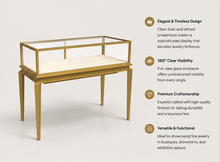 45 Degree Full Render of Full Gold Frame Four Tapered Leg Divided Glass Hood Jewelry Tall Glass Top Display Table