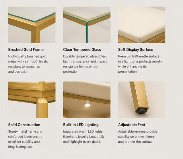 Material & Craft Close-up of Full Gold Frame Four Tapered Leg Divided Glass Hood Jewelry Tall Glass Top Display Table