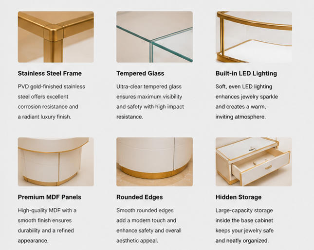Close-up mirror gold wave metal frame matte white raised tier plinth curved rounded drawer base edge trim texture