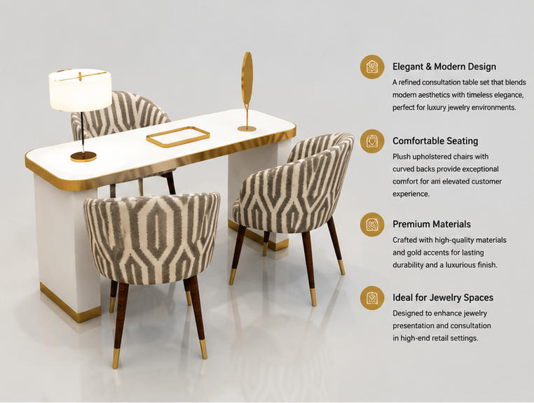45 Degree Full Render of Gold Trim White Dual Storage Base Jewelry Consultation Desk with Geometric Fabric Matching Chairs
