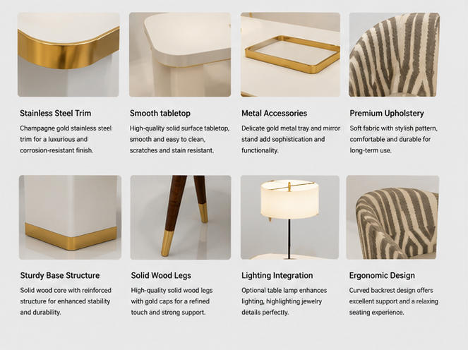 Material & Craft Close-up of Gold Trim White Dual Storage Base Jewelry Consultation Desk and Geometric Fabric Matching Chair Set