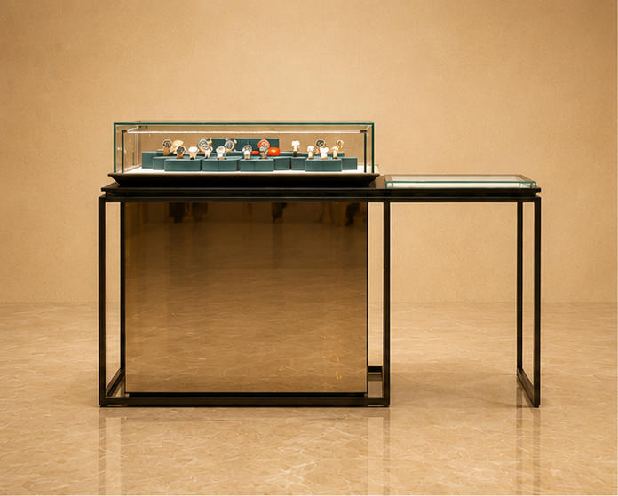 45 degree side view matte gold watch case flip down triple shelf shop island cabinet