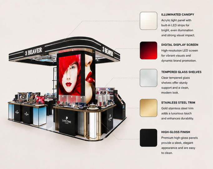 Close-up curved roof LED light strip, gradient color side panel and gold trim for mall cosmetic booth