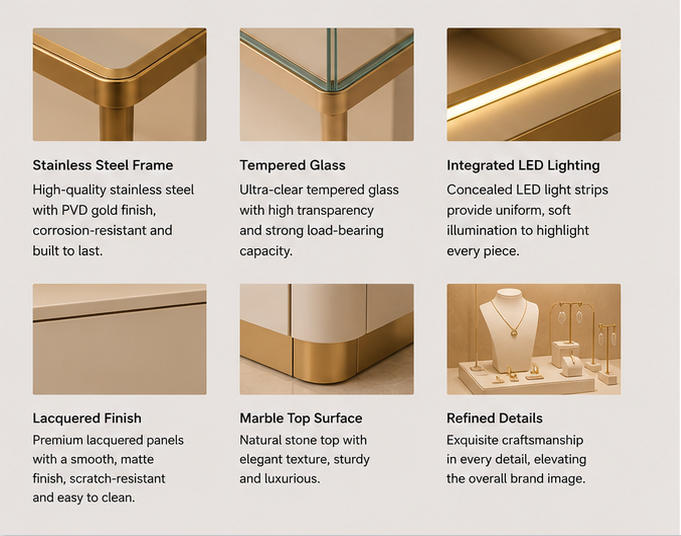 Close-up emerald green velvet jewelry stand interior, mirror gold frame necklace display case thin metal leg display table white storage cabinet trim