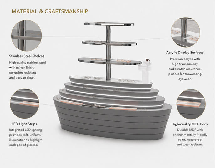Close-up matte grey curved cabinet strip hidden LED polished round metal display tower shelf