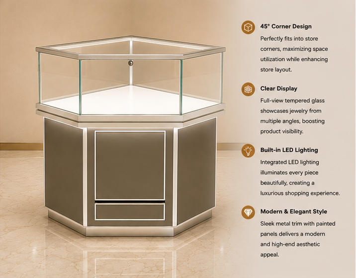 Hexagon Upright Jewelry Corner Showcase Silver Frame Tall Glass Cabinet Render
