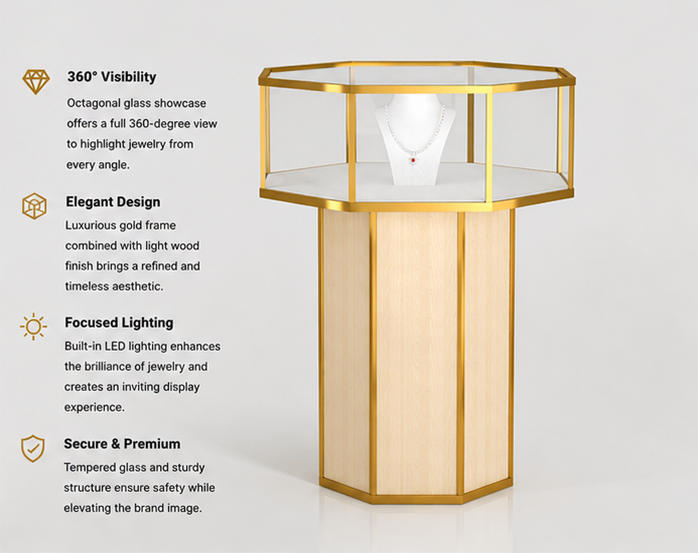 45 Degree Full Render of Light Wood Gold Edge Hexagon Vertical Jewelry Tower