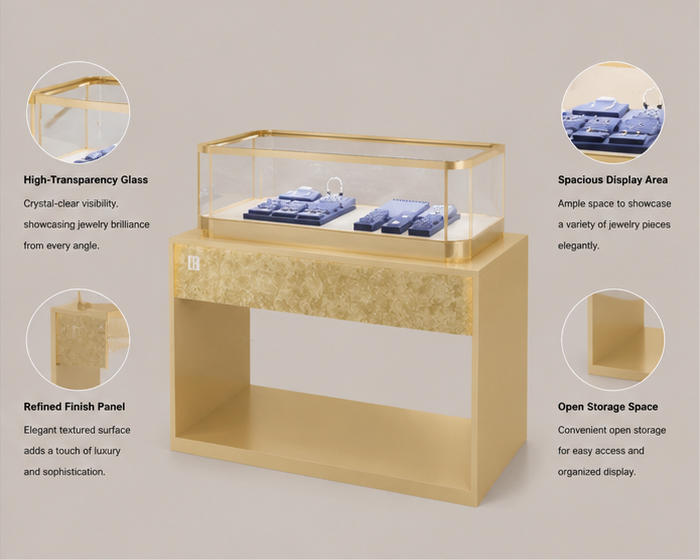 Structure diagram of hollow frame open base golden marble jewelry stand with rectangular glass ring tray