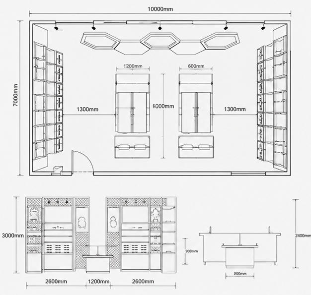 CAD top-down full shop drawing honeycomb geometric ceiling paired dual wood optical island bilateral mesh wall eyewear cabinet poster display counter