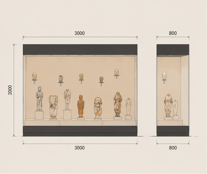 CAD layout wall figurine vitrine hook mount artifact booth textile back statue case spotlight top exhibit unit twin tier heritage cabinet dimension drawing