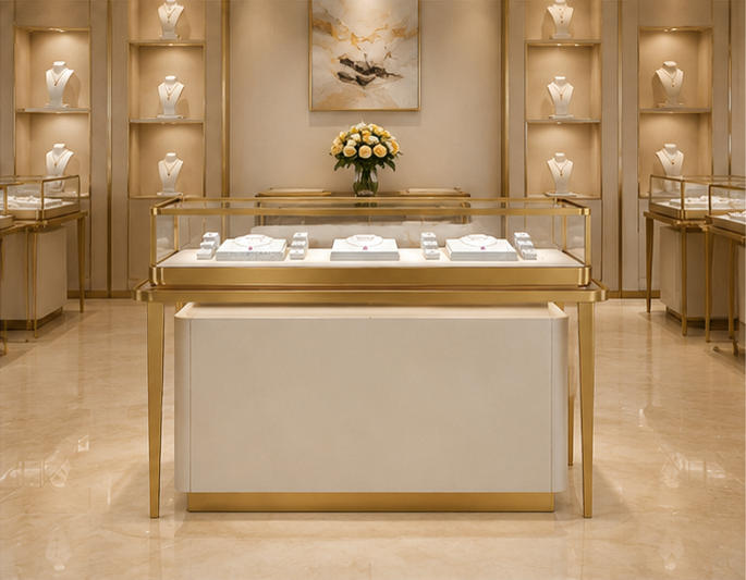 Slim leg showcase inside luxury jewelry boutique