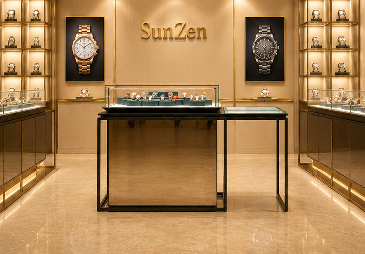 Real shot matte gold island cabinet inside high-end watch boutique center