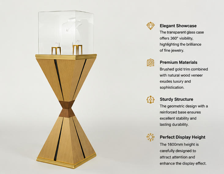 45 Degree Full Render of Gold Wood Hourglass Vertical Art Jewelry Showcase