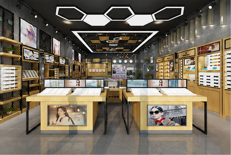 Full interior render shot honeycomb geometric ceiling paired dual wood central optical island industrial warm tone eyewear boutique