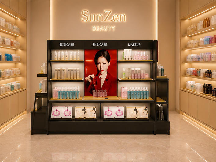 Front real shot double-sided cosmetic island inside beauty retail boutique