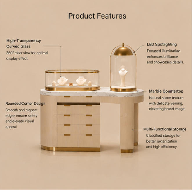 Feature diagram of LED jewelry display cabinet with marble top and storage