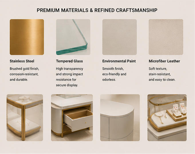 Close-up of gold frame, curved glass, and lit base materials for jewelry display table