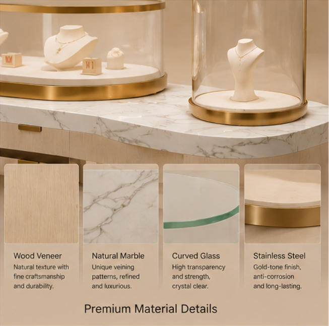 Material close-up of luxury retail pedestal, marble and wood grain texture