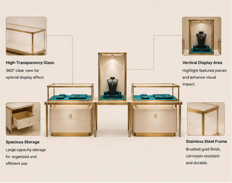Functional features diagram of tiered jewelry showcase with central pedestal