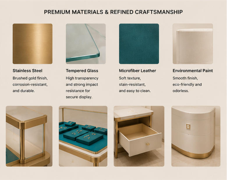 Close-up of gold frame, display base and showcase materials for jewelry display set