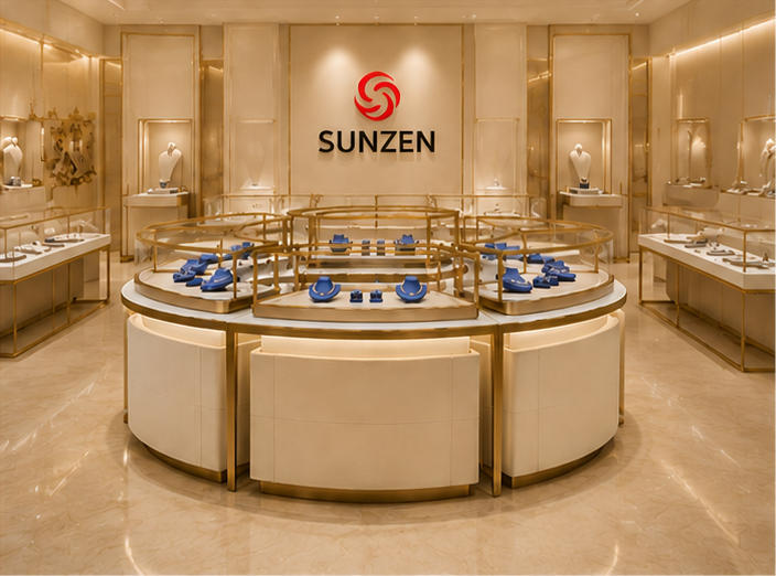 circular jewelry display island applied in a luxury jewelry boutique