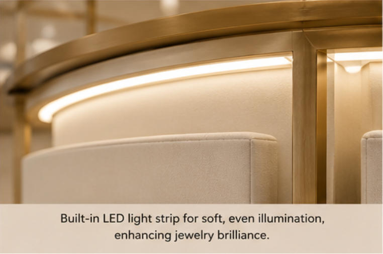 LED lighting effect on modular jewelry display station, highlighting jewelry brilliance