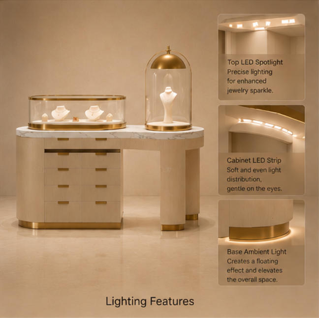 LED lighting effect on custom jewelry fixture for jewelry retail