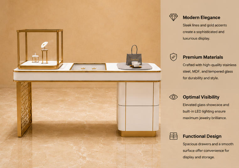45° render integrated jewel desk carved gold leg single glass kiosk customer service counter side storage plinth functional labels