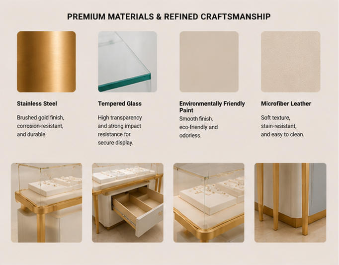 Close-up of gold frame, display base, and materials for dual-height jewelry display set