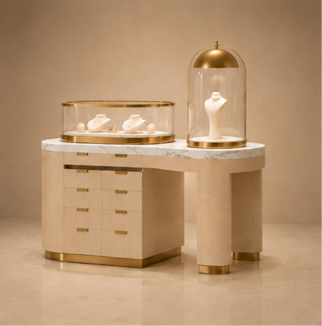 Side view of custom wood grain jewelry showcase with curved glass design