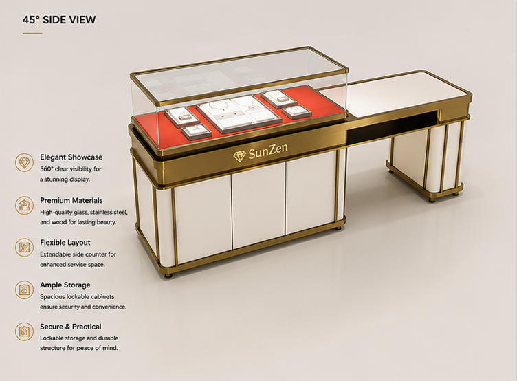 45 Degree Full Render of White Gold Frame Red Liner Dual Zone L-Shape Jewelry Retail Showcase