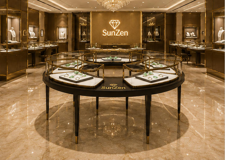 Real Installation Shot In Large New Chinese Luxury Jade Jewelry Flagship Store Central Landmark Display Zone