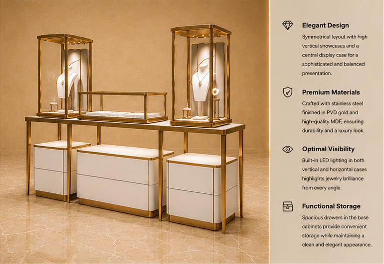 45° render tower jewel pedestal upright glass tower linking island frame triple base cabinet mixed jewelry set feature labels