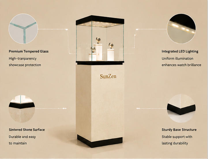 Structure diagram lift top vitrine silver oak single tier timepiece rack